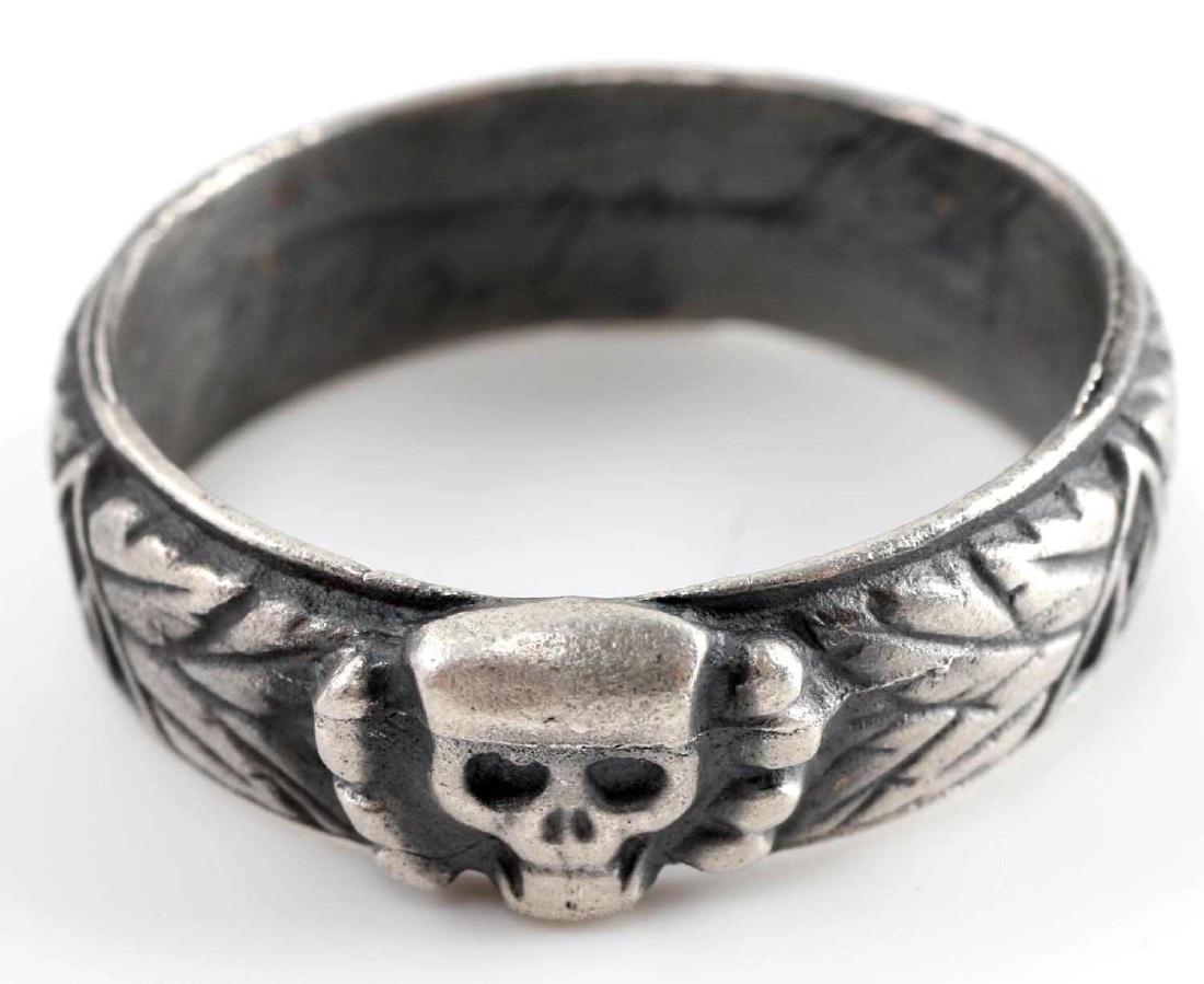 GERMAN WWII THIRD REICH SILVER HONOR RING: German WWII Third Reich Silver Honor Ring. Size about 12 1/2 ring. Tests for silver, 6.3 grams. Inside band is engraved "H. Himmler S.16. E. Kuner 2106. 12". Very good condition. Unauthenticated, sold