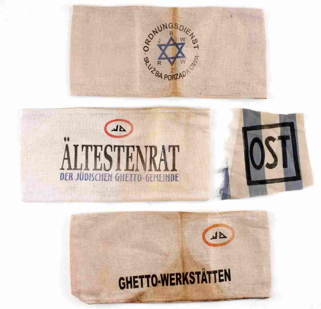 WWII GERMAN THIRD REICH HOLOCAUST ARMBAND LOT: Lot of three Holocaust-period armbands. Includes Warsaw Ghetto Police, Jerish Ghetto Council of Elders, and Ghetto Workshop. In very good condition. Unauthenticated/Sold 'as is' This lot has a reserve