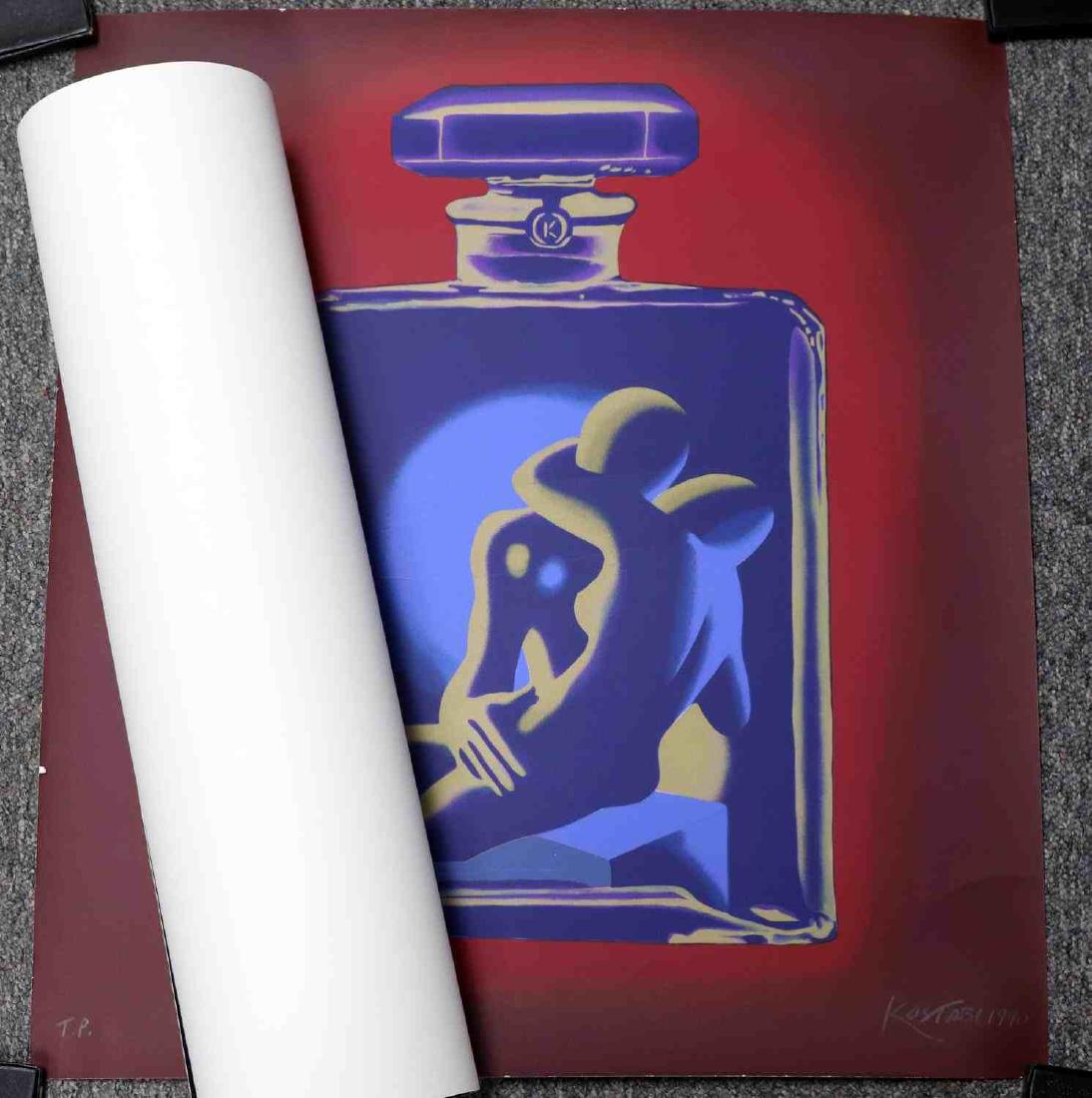 TWO MARK KOSTABI SIGNED DATED SERIGRAPHS KOSTABI 5: One signed and dated limited edition serigraph and one trial proof serigraph by Mark Kostabi. Titled "Kostabi #5" (Purple) and "Kostabi #5" (Red) respectively. Kostabi is an American artist and compos