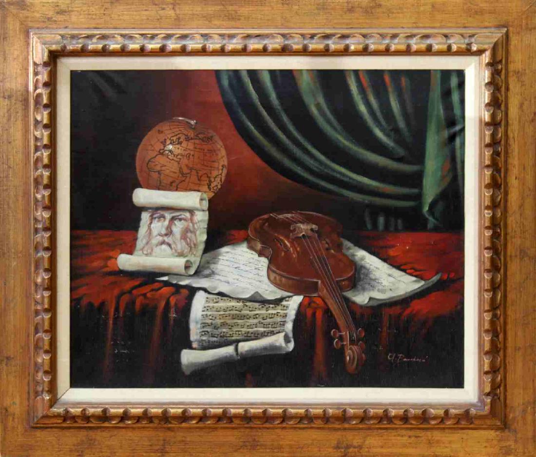 RUSSIAN SCHOOL STILL LIFE TROMPE LOEIL PAINTING: 20th Century Realist oil on canvas still life signed lower right corner. illegibly. Tromp l'oeil painting depicting violin, sheet music, globe and portrait. Tromp l'oeil paintings were popularized in 