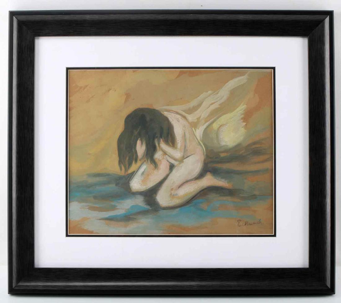 EDVARD MUNCH WATERCOLOR ON PAPER FEMALE FIGURE: Watercolor on paper of nude female figure kneeling with head down attributed to Edvard Munch. Paper measures 10.25 inches by 14.25 inches. In very good condition. Framed in black frame. Measures 19.25