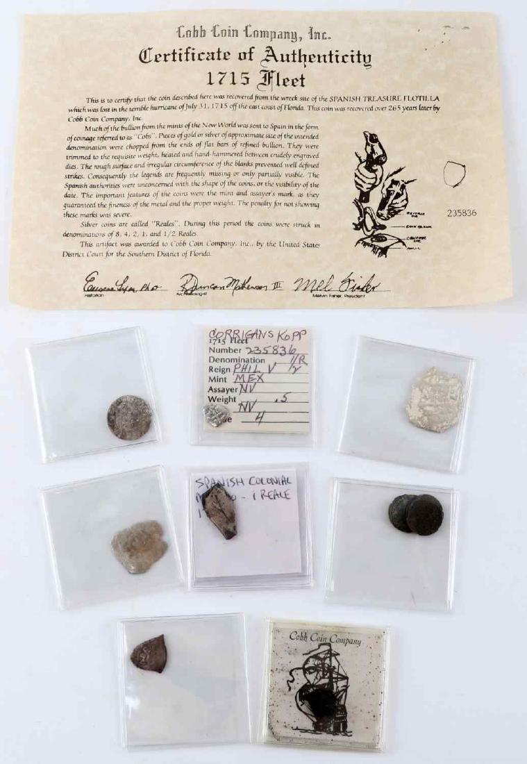 SPANISH SILVER REALES & COLONIAL & FRENCH JETONS: Three Spanish silver Reales. Two Spanish colonial silver Reales, one from 1715. One Spanish cob encrusted coin from 1715. One Spanish silver reale from 1715 Fleet with certificate of authenticity. Fiv