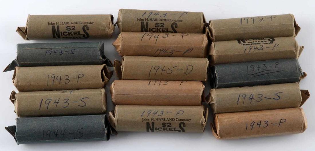 WWII US WAR NICKEL COIN LOT OF APPROX 600: Lot contains 15 $2 rolls of war nickels. Most are 1943 dated, but also some 1942, 1944, and 1945. Includes P, D, and S mint marks. Broadly unsearched.
