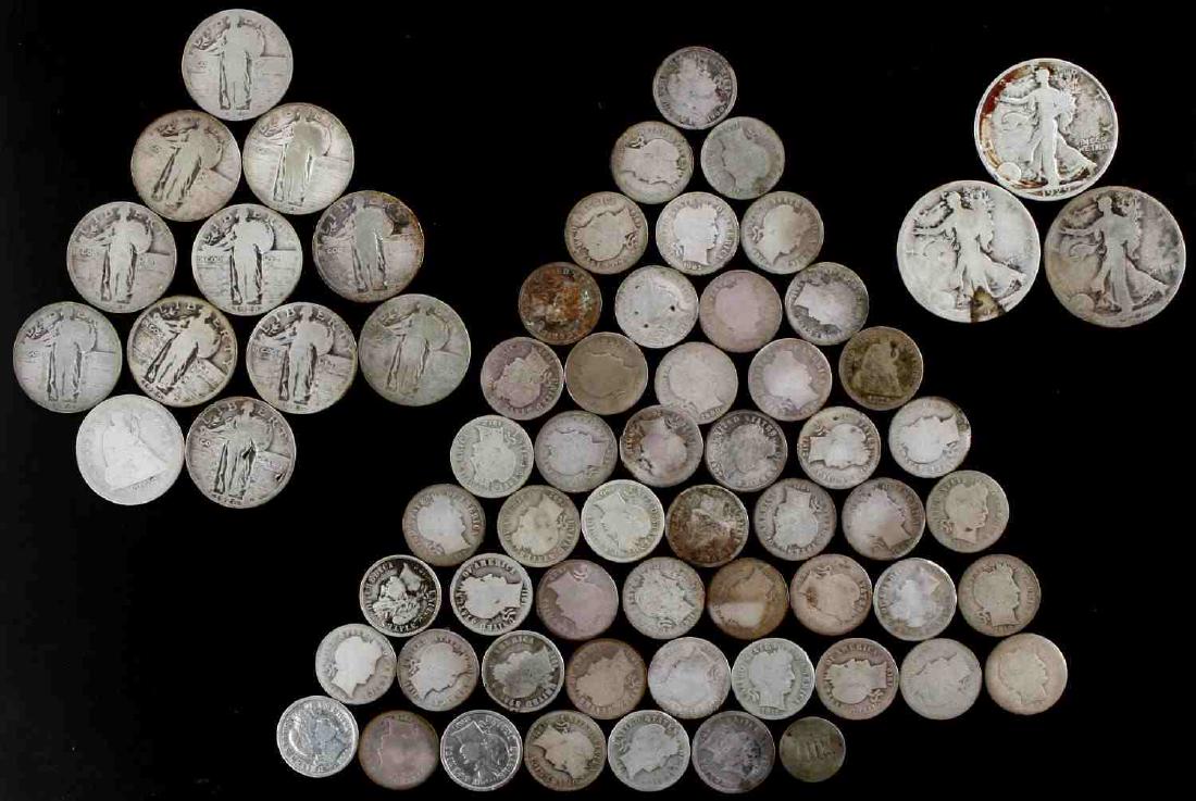US SILVER MIX BARBER WALKER STANDING $9.63 FACE: Good mix of old US Silver Type circulated coins, $9.63 face value, including a silver 3 cent piece (ND), Seated dime and quarter, and 50 Barber dimes, 11 Standing Liberty Quarters, and 3 1920's Walkin