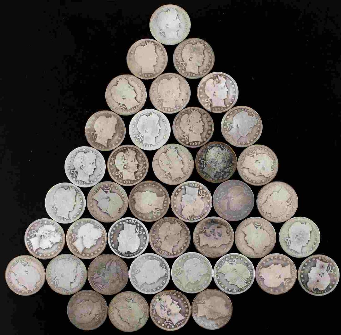 BARBER QUARTER LOT OF 40 WITH 1896-O: Good mix of $10 face value circulated Barber quarters including better 1896-o in AG; many 1890's and mint marks noted; condition is ag+ with condition issue noted.