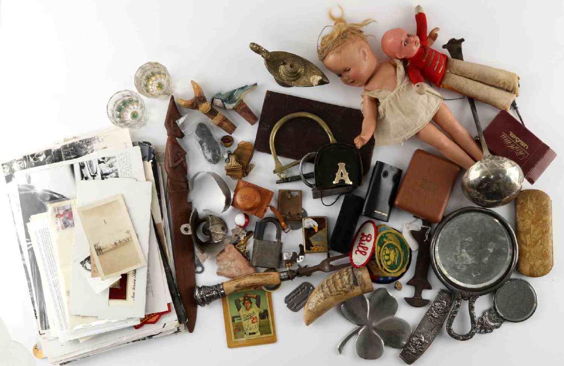 LARGE GENERAL ANTIQUE LOT DOLL PHOTOGRAPHS MIRROR: Large lot of general antiques including a handheld mirror, doll, glasses, newspapers, photograph and others. All in good to very good condition.