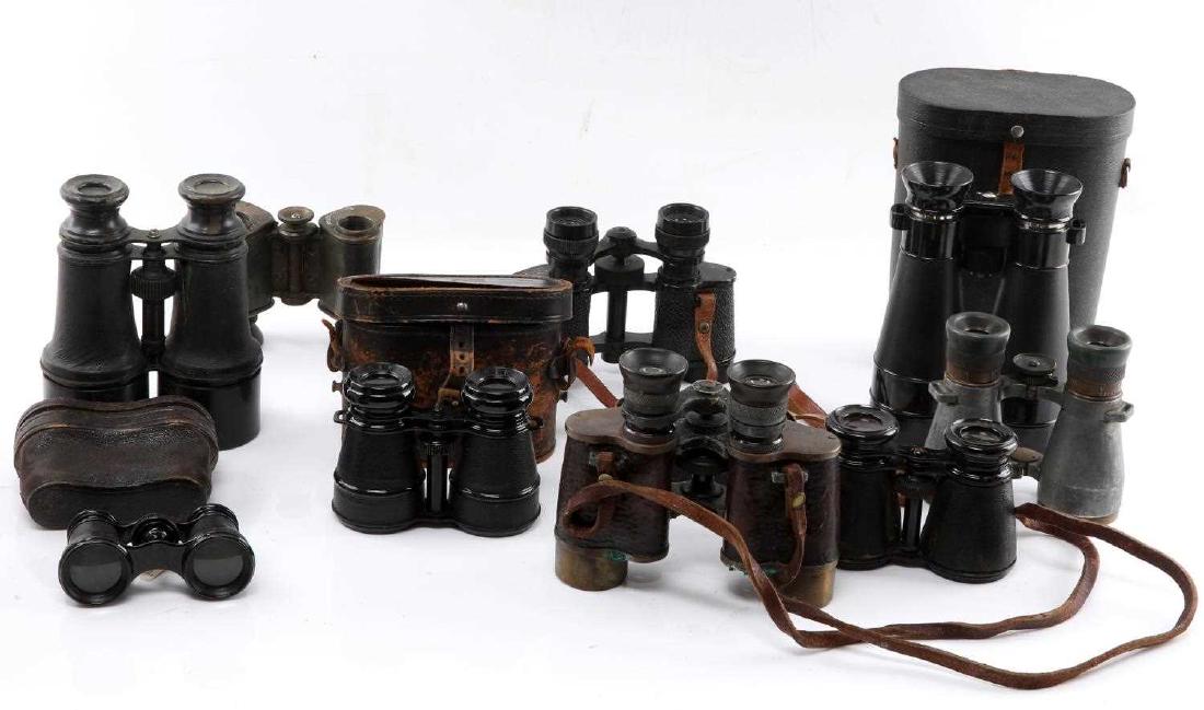 VINTAGE TO ANTIQUE BINOCULARS & OPERA GLASSES LOT: This lot features a variety of vintage binoculars and opera glasses including 1 pair of Lemaire Fabt Paris opera glasses, 1 Helles Paris 8 x 30 pair of binoculars, 1 Colmont Paris pair, 1 German WWI e