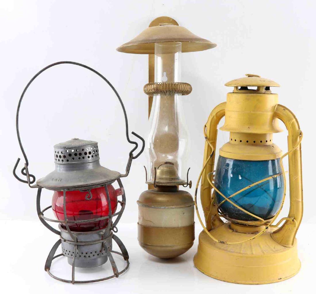 LOT OF THREE RAILROAD LANTERNS L&N DIETZ HURRICANE: Includes: Dressel Arlington NJ L&N (Louisville and Nashville). Dietz No. 2 D-Line yellow lantern. Heavy duty wall mount hurrican lamp.