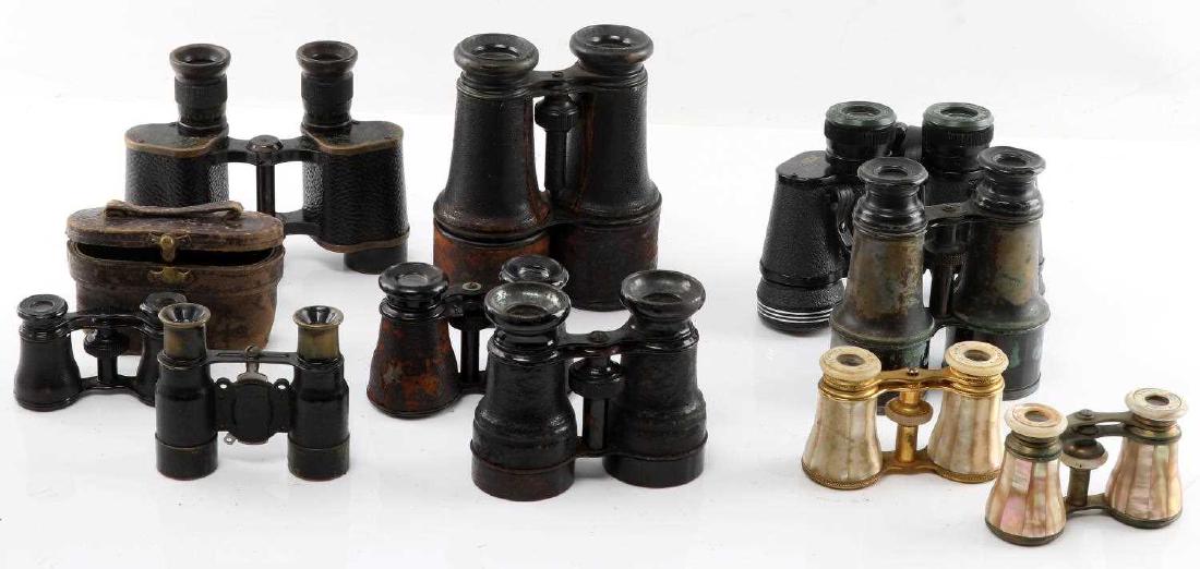 VINTAGE TO ANTIQUE BINOCULARS & OPERA GLASSES LOT: This lot features a variety of vintage binoculars and opera glasses including 1 pair of Lemaire Pabt Paris opera glasses, 1 bioscope by Rollensak Rochester, 1 pair of Marchand Pairs binoculars, 1 pair