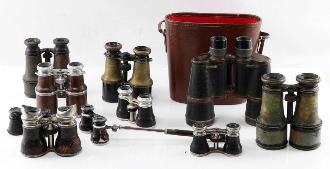 VINTAGE TO ANTIQUE BINOCULARS & OPERA GLASSES LOT: This lot features a variety of vintage binoculars and opera glasses including 1 pair of Chevalier Opticien Paris binoculars, 1 pair of Vendome Paris binoculars, 1 pair of La Reine Paris oper binocular