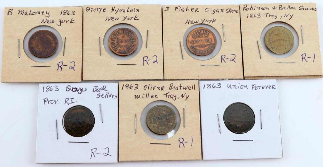 CIVIL WAR STORE TOKEN ASSORTED LOT OF 7: 7 Assorted Civil War store tokens. Includes "J Fisher Cigar Store", B Maloney 1863", "1863 Grays Booksellers", "1863 Union Forever", and "George Hyenlein". Includes R-1 and R-2 rarity tokens.