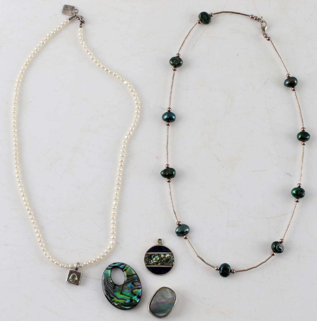 FRESHWATER PEARL NECKLACE AND PENDANT LOT: Includes Freshwater Pearl and Sterling Silver Necklace, Three Silver and Abalone Pendants, and an Uncultured Freshwater Pearl Necklace with pendant from "Baroni Designs". All in very good condition.