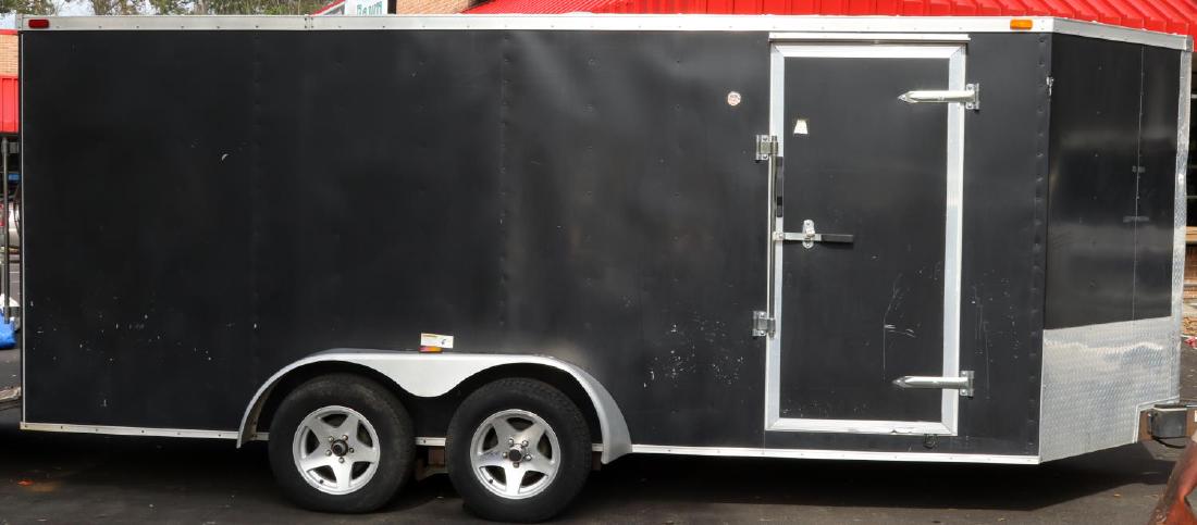 TOOL TRAILER W 2 EVENT TENTS TABLES AND 80 CHAIRS: Trailer measures 21 X 7 feet from tongue, largest white tent measures 38.5 X 19.5 feet, second tent measures 20 X 29 feet, nineteen total foldable tables (6 ft and 8 ft) plus 80 polymer and metal fold