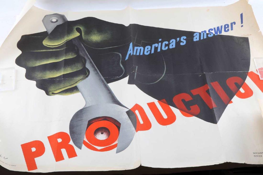 ORIGINAL WWII AMERICAS ANSWER PRODUCTION POSTER: One poster with image of hand turning wrench with text "America's Answer! Production" Artwork by Jean Carlu. One of the most recognizable images associated with WWII posters. Poster has fold lines. Te