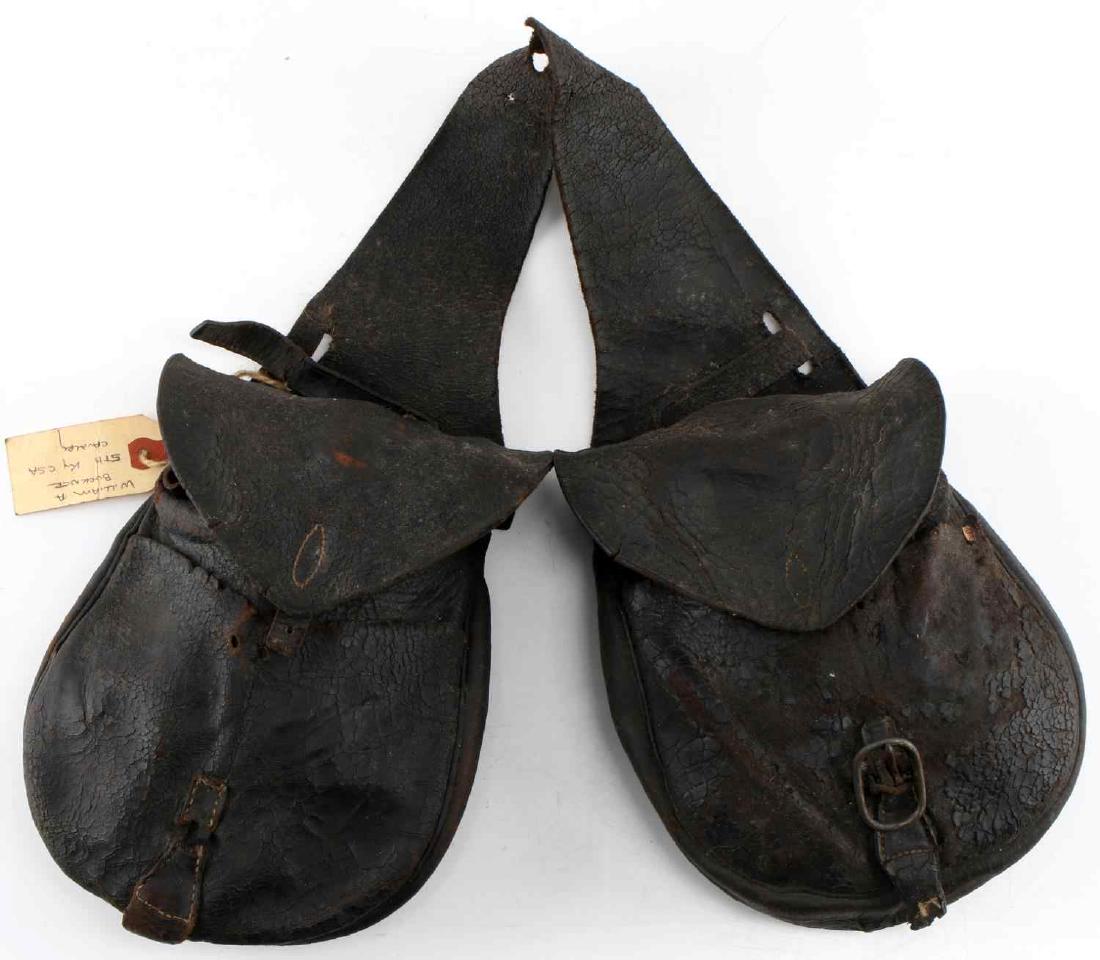 AMERICAN CIVIL WAR CONFEDERATE CAVALRY SADDLE BAG: Saddle bag attributed to Private WIlliam A Buckner of the 5th Regiment, Kentucky Cavalry of the CSA during the American Civil War. In fair condition given its age. Leather exhibits much wear, some hol