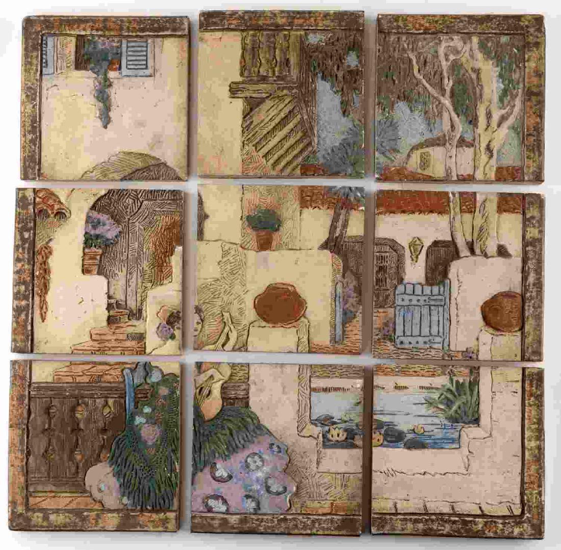 ANTIQUE ANDALUSIAN SPAIN SPANISH CERAMIC TILES: Set of nine carved and hand-painted tiles depicting a Spanish woman playing guitar amidst an old world village setting. Each tile measures approximately 6X6 inches, while the entire picture measures 1