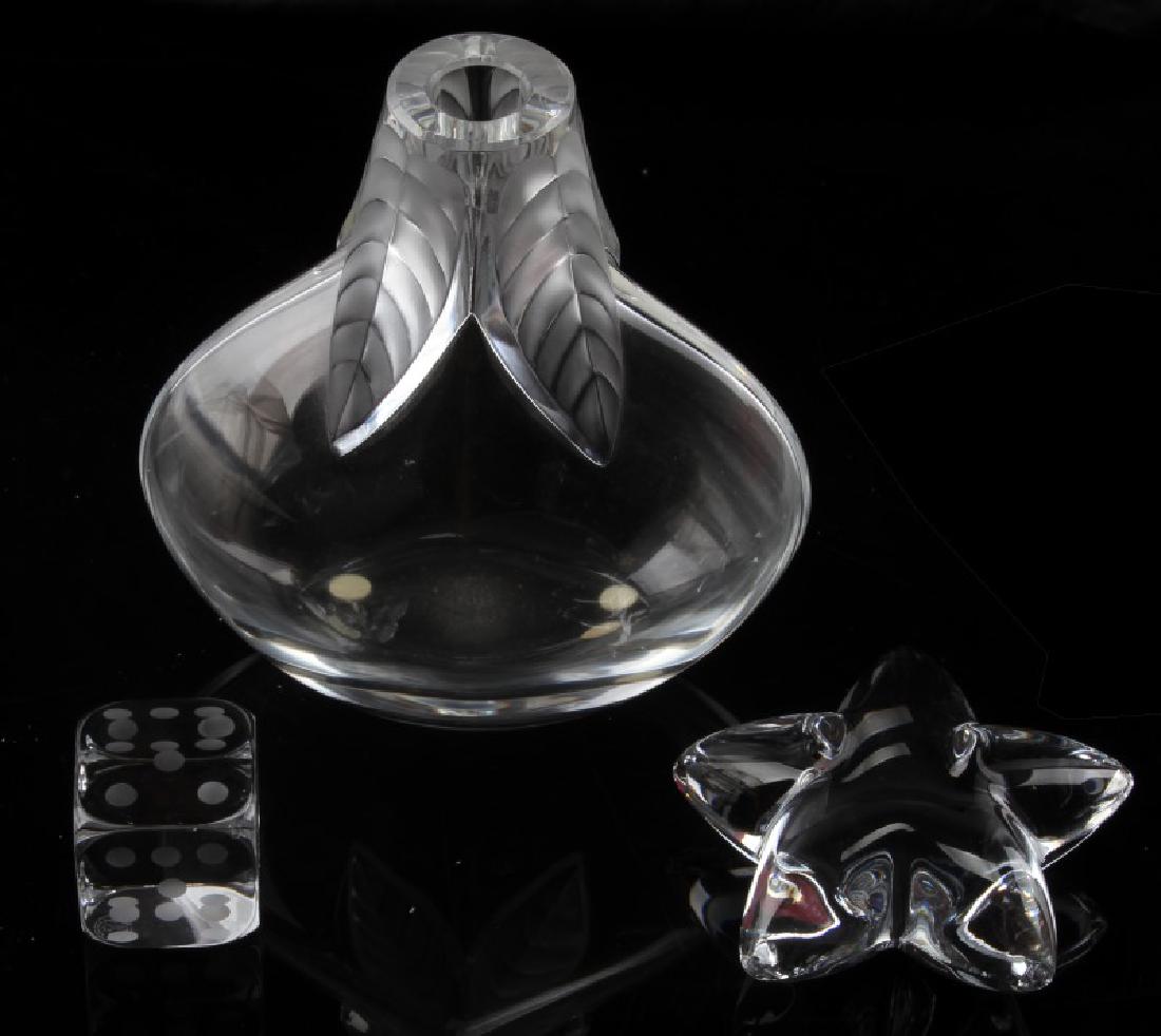 LALIQUE OSUMI VASE BACCARAT DICE & STAR COLLECTION: Includes 7 inch crystal frosted leaf vase, signed Lalique base, and boxed Baccarat dice ( has 1mm chip at corner) and boxed star, vase and star are free of damage.