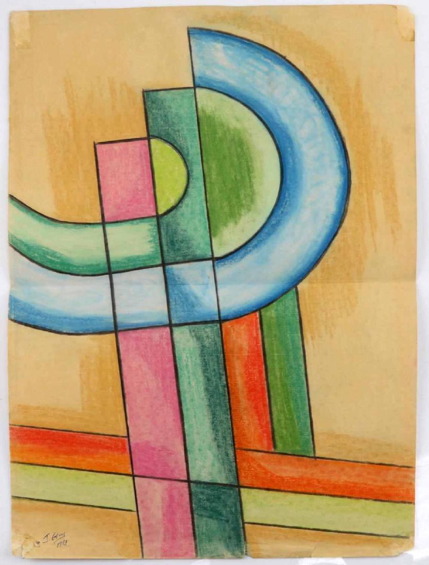 SIGNED JOHN WAYNE GACY ABSTRACT ART: Colored pencil and pastel abstract artwork signed in the lower left hand corner by John Wayne Gacy and dated 1981 in blue ink. Measures 12 by 18 inches in size. In very good condition with center hori