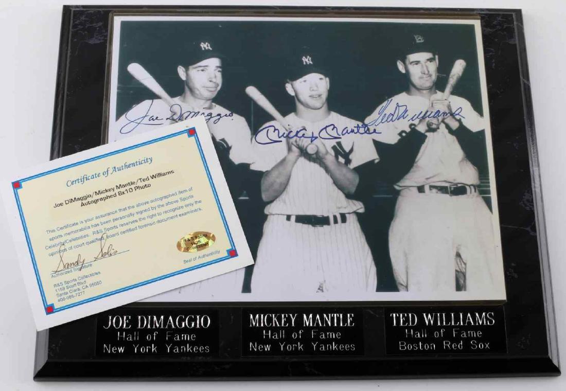 JOE DIMAGGIO MICKEY MANTLE TED WILLIAMS AUTOGRAPH: This is a framed 8x10 photograph signed by baseball legends Joe Dimaggio, Mickey Mantle, and Ted Williams. Signatures in excellent condition. Comes with R&S Sports Collectibles Certificate of Authenti