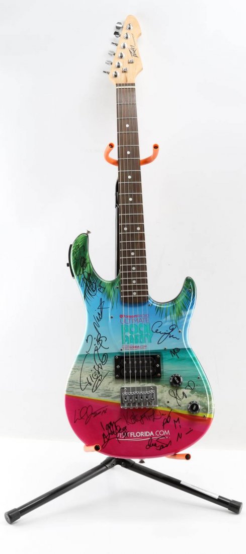 SIGNED AUTOGRAPH GUITAR ARIANA GRANDE LOPEZ & MORE: This is a 2014 Iheartradio Miami guitar signed by Ariana Grande, Jennifer Lopez, Neon Tress, Tyler Glenn, Chris Allen, Brandon Campbell, Elaine Bradely, Nick Cannon, Tiesto, Lil Jon, Iggy Azalea, Katy