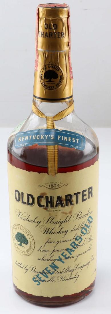 1942 UNOPENED BOTTLE OF OLD CHARTER BOURBON: Dated label 4-42, shoulder level mellowing very good condition, state of Tennessee and Internal Revenue unbroken seals. We are unable to ship in house either in store pickup or outside shipping needs 