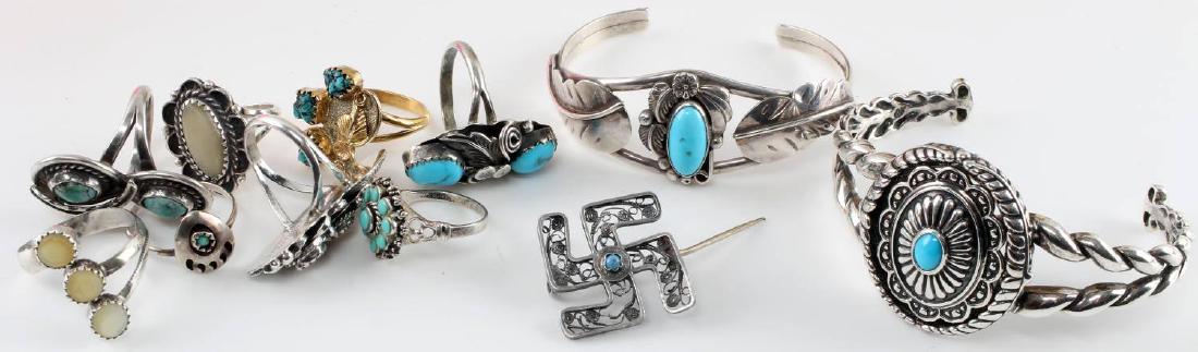 LOT OF SIGNED NATIVE AMERICAN STERLING JEWELRY: Lot includes: Open bangle with highly polished turquoise in middle measuring 7.5 inches in circumference and signed "CF"; open bangle with silver feather design surrounding oval turquoise stone measur
