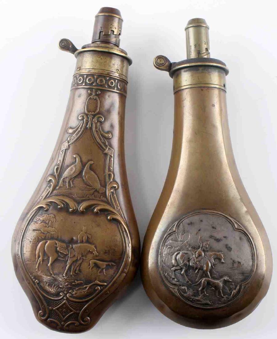 DIXON & HAWKSLEY ANTIQUE POWDER FLASK LOT OF 2: Horse and dog hunt scene on Geo. and JW Hawksley, measures 8 inches with some minor denting, functional, the second a James Dixon with , measures 7 inches medallion front horse and dog scene, Riling #