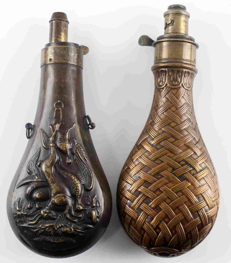 2 ANTIQUE POWDER FLASKS HAWKSLEY AMERICAN FLASK CO: Basket weave Hawksley Riling 415 and American Flask Co. hanging game, both very good original condition, measuring 8 inches approximately.