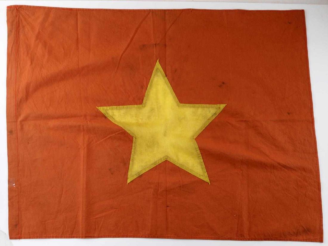 VIETNAM WAR VIETCONG VC COMBAT BATTLE FLAG BANNER: This is a 29.5" X 22.5" Vietcong battle flag. Multi-piece sewn construction with depressed star. Good overall condition with some fading and small areas of staining present.