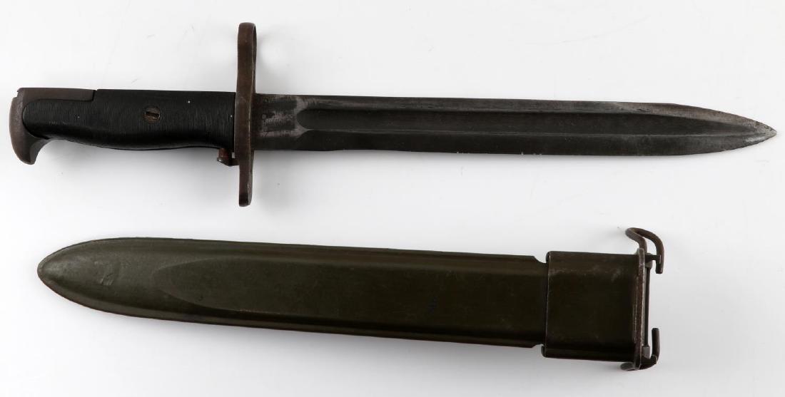 WWII M-1 GARAND UFH 1943 BAYONET 14 IN. W SCABBARD: Very good original dated 1943 UFU with flaming grenade on blade.