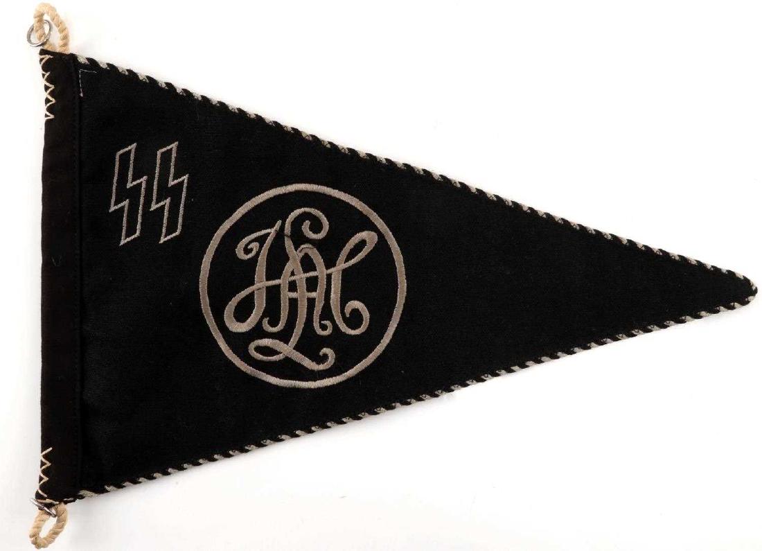 WWII GERMAN THIRD REICH LEIBSTANDARTE SS PENNANT: Pennant of the Leibstandarte SS Adolf Hitler division. Has SS runes and LAH cypher in mouse gray. Black and white alternating piping. Measures 14 inches in length. In very good condition. This lot has