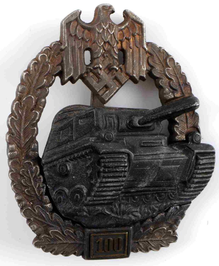 WWII GERMAN THIRD REICH PANZER ASSAULT BADGE 100: Panzer Assault Badge with 100 assaults. 'JFS' marked and JFS type pinback and ball catch reverse. Some gilding remains. In very good condition. This lot has a reserve.