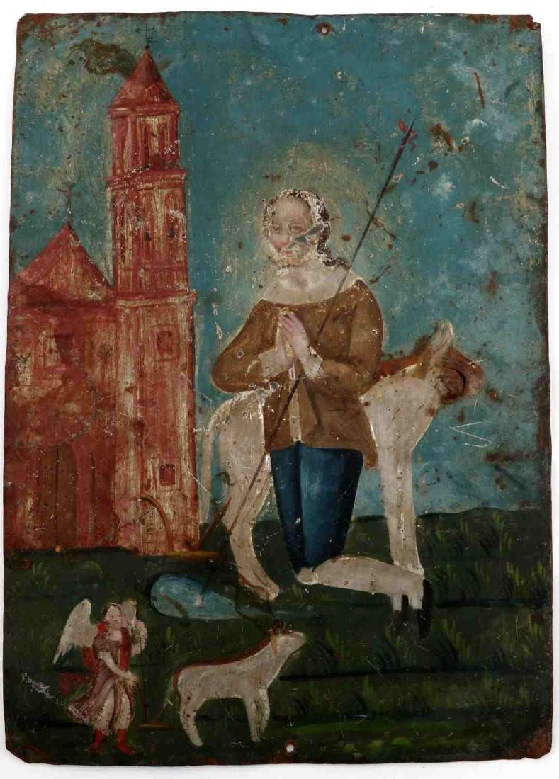 PAINTING ON METAL SHEET OF SAINT JUDE W ANGEL: Painting is of St. Jude with flock and angel in front of a church in a landscape. Some rusting throughout and scraped paint that reveals the metal underneath. Painted in a style similar to Spanish Col