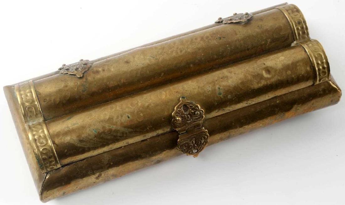 ANTIQUE VELVET LINED BRASS CIGAR CASE OR HOLDER: Antique Velvet lined Brass cigar case or holder with brass lockets 3 total, made of folded brass construction, purple lined velvet internal liner. Item is in good condition for its age with no signs o