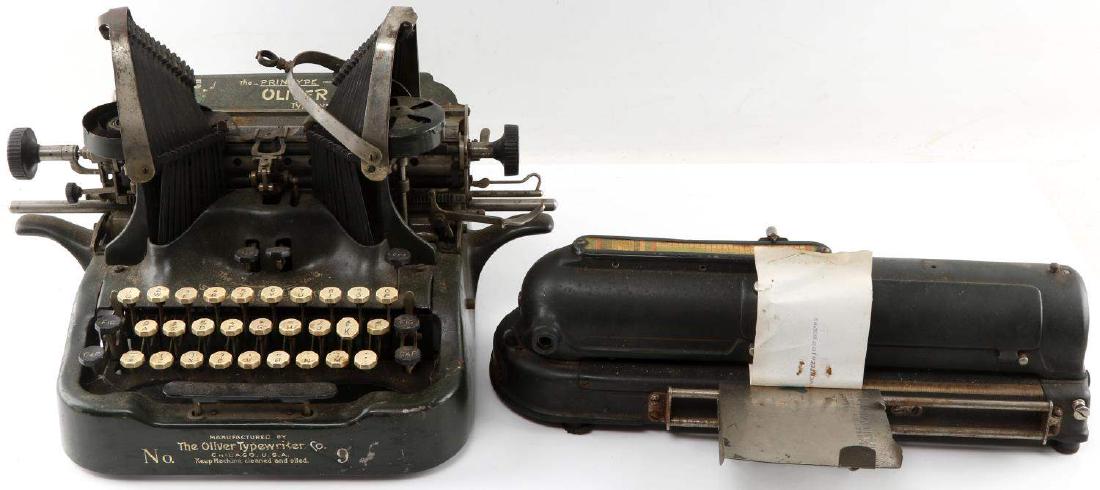 OLIVER NO 9 TYPEWRITER & PROTECTOGRAPH CHECK: Typewriter is in relatively good condition. Some keys stick but all are intact. Todd Protectograph Check Writer. In good condition.