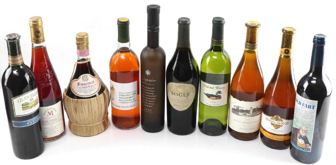 GROUPING OF 8 VINTAGE RED & OTHER BOTTLED WINES: Grouping includes: Kendall Jackson 2001 Chardonnay, Dakota Winery, 1999 Robert Mondavi Winery Napa Valley Chardonnay, 1999 Bogle Vineyards Petite sirah, 2001 Rose D'Anjou, Glen Ellen 1977 Merlot , Gre