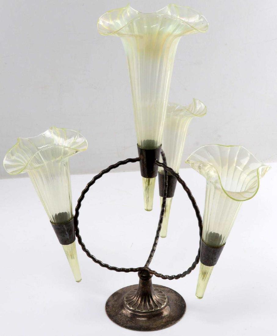 SILVER PLATE & GREEN ART GLASS HORN EPERGNE VASE: Antique silver plate epergne with green horns art glass vase. Measures 16 1/2 inches in total height. Silver plate has some tarnish. Glass is a nice soft peridot color with a lovely and very slightly 