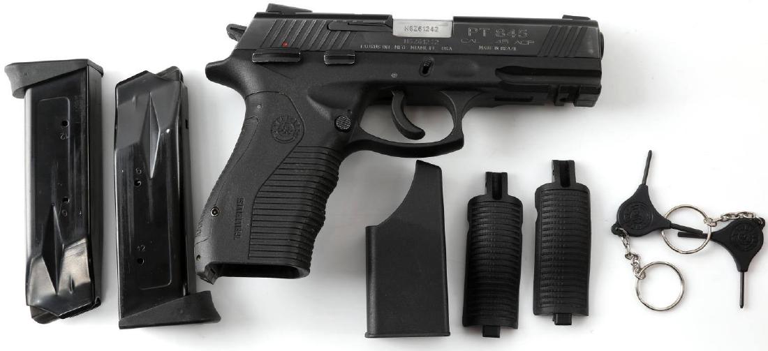 TAURUS PT 845 .45 ACP CAL SEMI AUTO PISTOL IN CASE: Taurus PT845 .45 ACP caliber pistol. Lightly fired but well cared for. Includes case including two magazines. Minor scuffing on the barrel and barrel shroud. Cannot be shipped internationally. Require