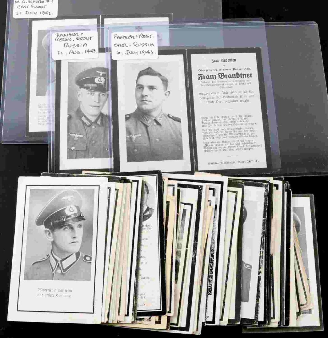 WWII THIRD REICH GERMAN FUNERAL CARDS PANZER: About 75 funeral cards of German soldiers, including Panzer officers, few cards are in plastic for easy display. Condition varies. Unauthenticated, sold as is. This lot has a reserve.