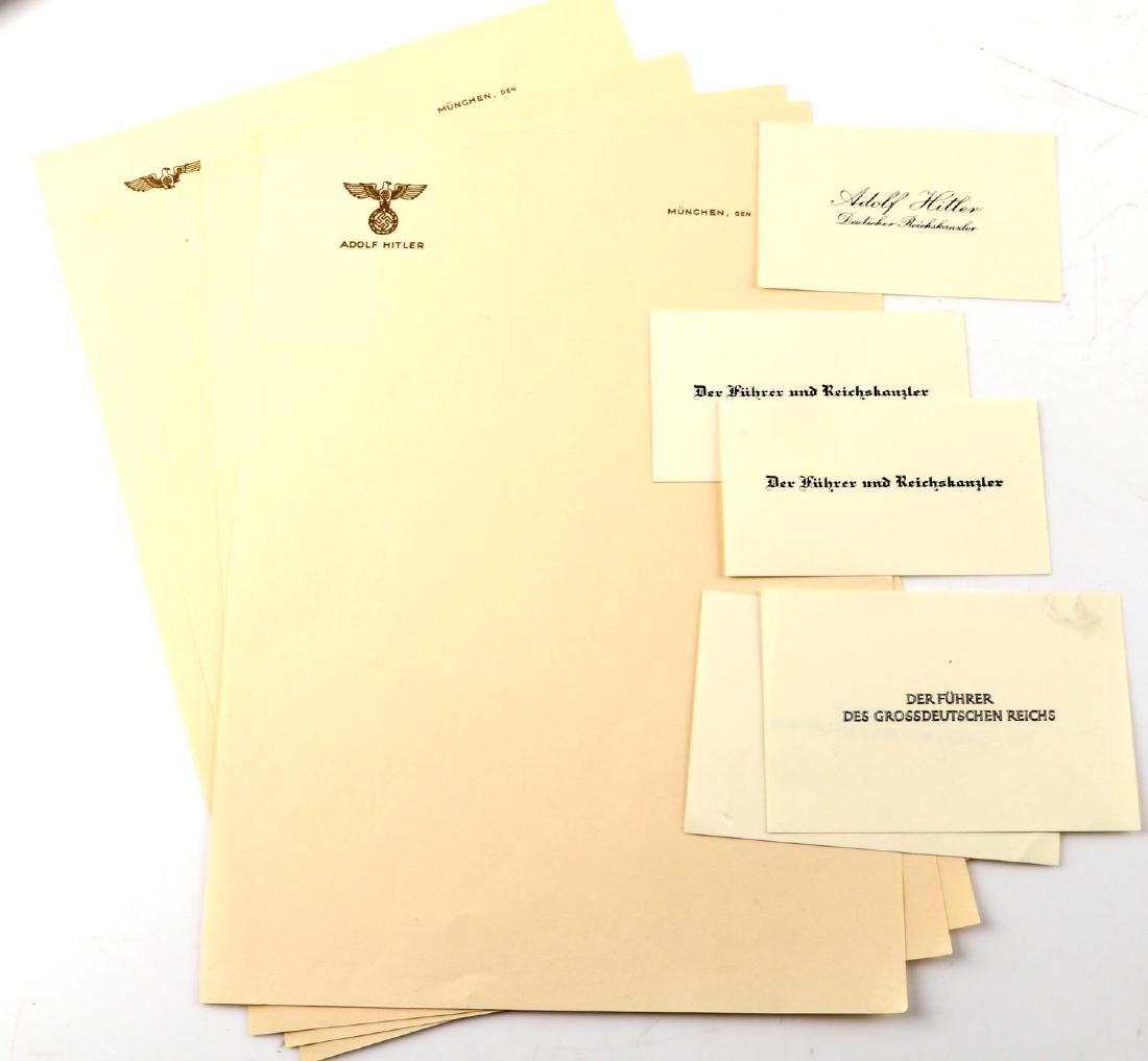 ADOLF HITLER STATIONERY AND CALLING CARDS LOT: Lot includes five pages of stationery with eagle and name printed to top left and Munchen printed at top right and five calling cards, three different types. Very good condition. Unauthenticated, sold