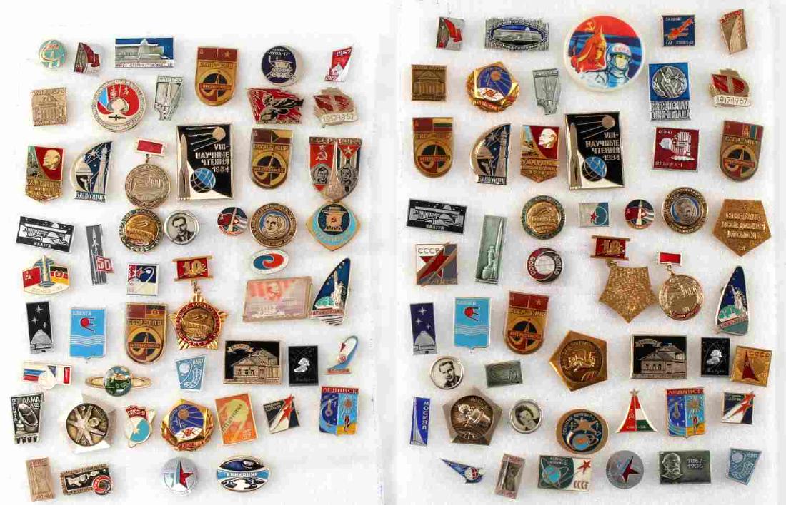 SOVIET RUSSIA COSMONAUT SPACE PIN LOT OF 100: This lot includes 100 Soviet space program pins including a few more scarce ones. Pins vary slightly in size and condition but are good to very good overall.