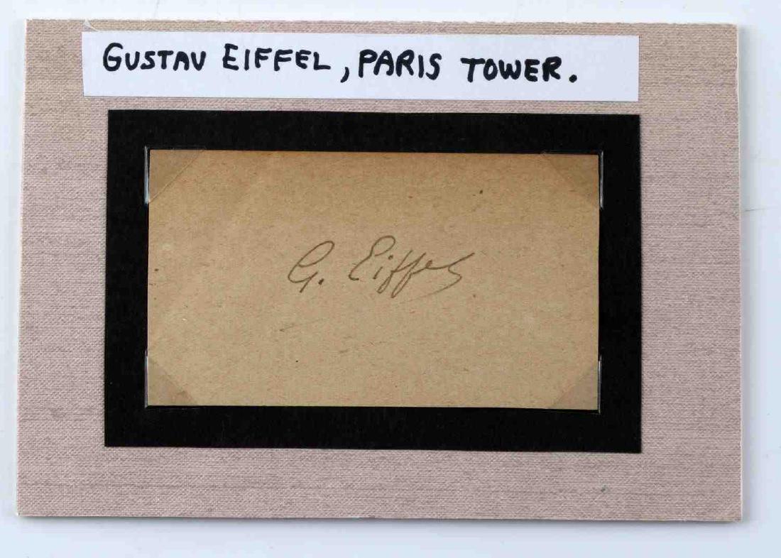 FRENCH ENGINEER GUSTAVE EIFFEL AUTOGRAPH SIGNATURE: Famed French Engineer Gustave Eiffel autograph. Signed in ink on document paper. Paper measures 3 5/16" X 1 7/8". Good overall. Minor fading present.