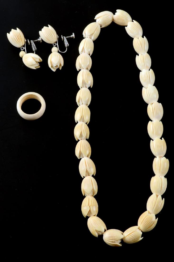 CARVED BONE FLORAL NECKLACE RING & EARRING SET: Antique Asiatic Carved bone floral designed necklace, ring, & screwback earring matching set. Items are in good condition for their antique age. Ring is 4.5 size. Intricately carved antique bone neckl