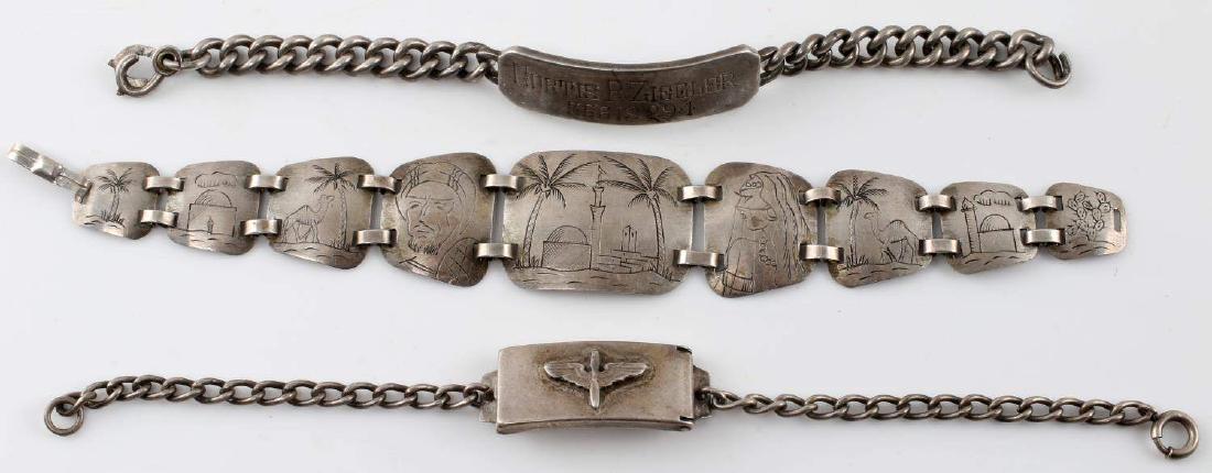 3 STERLING WWII NORTH AFRICA AIR CORP ID BRACELET: Includes dated 1942 1944 North Africa hand made memory bracelet naming battles on reverse, Army Air Corp hair locket bracelet, and a ID bracelet to Curtis Ziegler with his serial number.