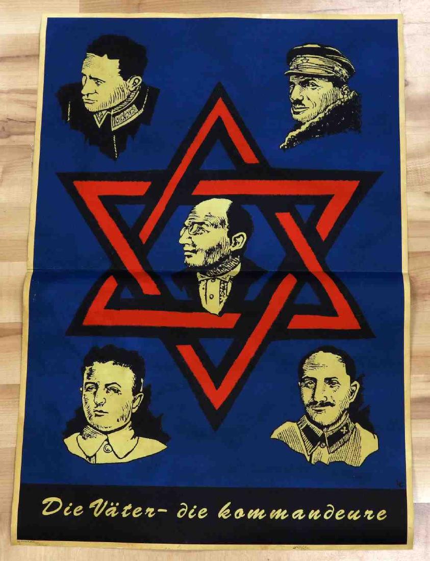 WWII GERMAN ANTI SEMITIC PROPAGANDA POSTER: German propaganda for Soviet occupied territories. Portrays Soviet leaders as Jews. The text reads "The father-- the commander." Good condition overall with some light foxing and creasing present. Mea