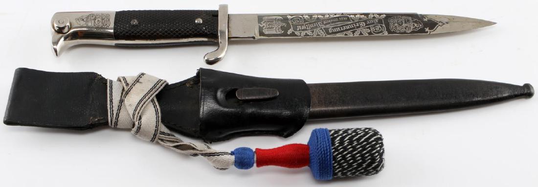 WWII GERMAN 3RD REICH PANZER ETCHED DRESS BAYONET: German dress bayonet with excellent etched blade. Etching reads "In Remembrance of My Service" and features national Reichsadler at one side and a panzer/totenkopf/oak leaf at the other. On the pommel