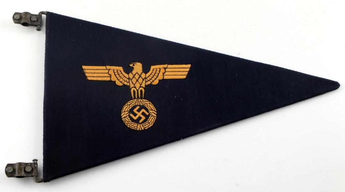 WWII THIRD REICH KRIEGSMARINE VEHICLE PENNANT: Orange thread sewn Reichsadler over blue cloth, double sided, metal attachments for hanging. Measures 14 X 8.75 inches. Very good condition.