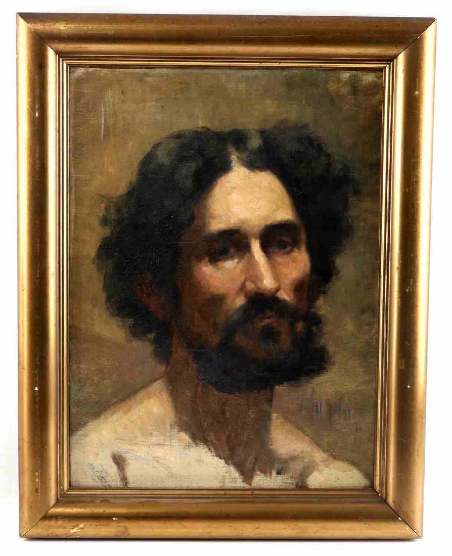 AUGUSTA DOHLMANN FRAMED PORTRAIT OF MAN: Oil on canvas portrait of shirtless man by Danish artist Augusta Dohlmann. Known for her floral still lifes, Dohlmann also painted portraits. Man has dark wavy full hair and mustache with beard. The p