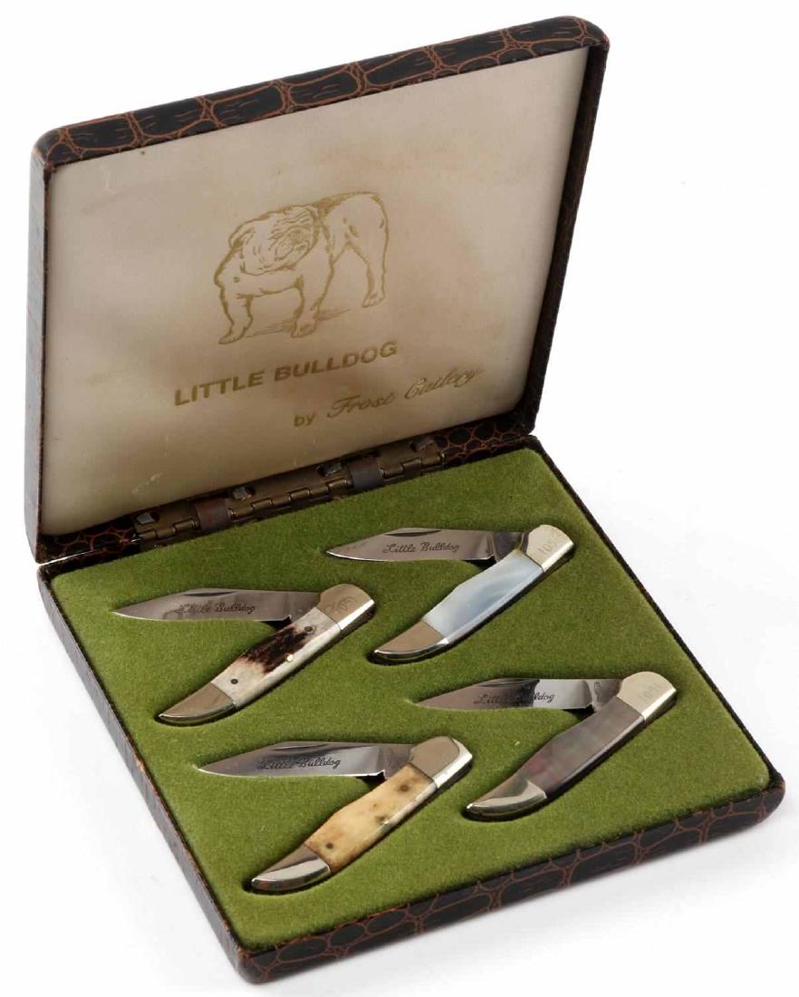LITTLE BULLDOG BY FROST CUTLERY MINI POCKET KNIFE: Knife set of 4, each etched with 'Little Bulldog' to 1.5 inch blade, number 1051 etched to right side, surgical steel Japan marked to left side blade. Made with stag and other material. Comes in origi
