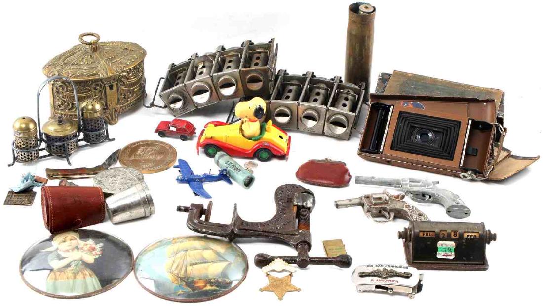 GENERAL ANTIQUE LOT CAMERA TRINKET BOX TOYS & ART: General Antique lot which includes but is not limited to : CYCYLIST'S CUP, Snoopy 1958 Aviva toy, pair of fish eye bowl glass lens circular hand painted nautical artworks, antique cap guns, bronze tri
